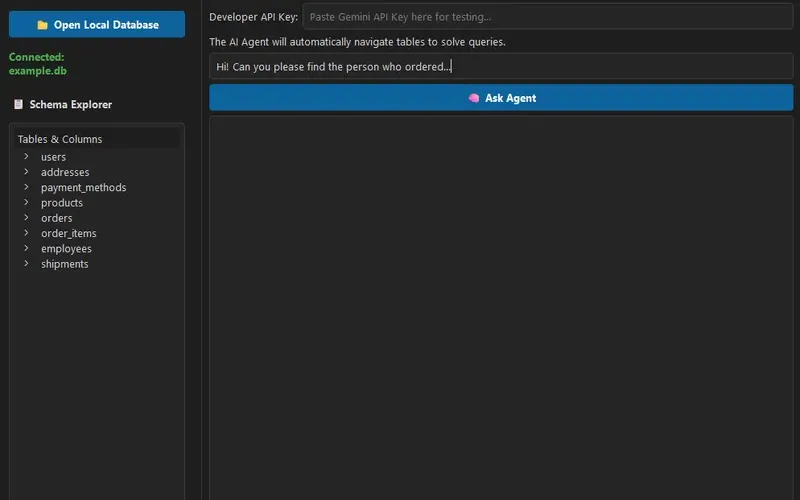 DBridger’s desktop window: a schema explorer listing tables such as users, orders and shipments, next to an AI agent tab with a plain-English question.