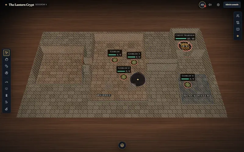 Gloam’s 3D tabletop: a stone dungeon map seen at an angle, with goblin and Crypt Warden tokens, health bars and a tool sidebar.