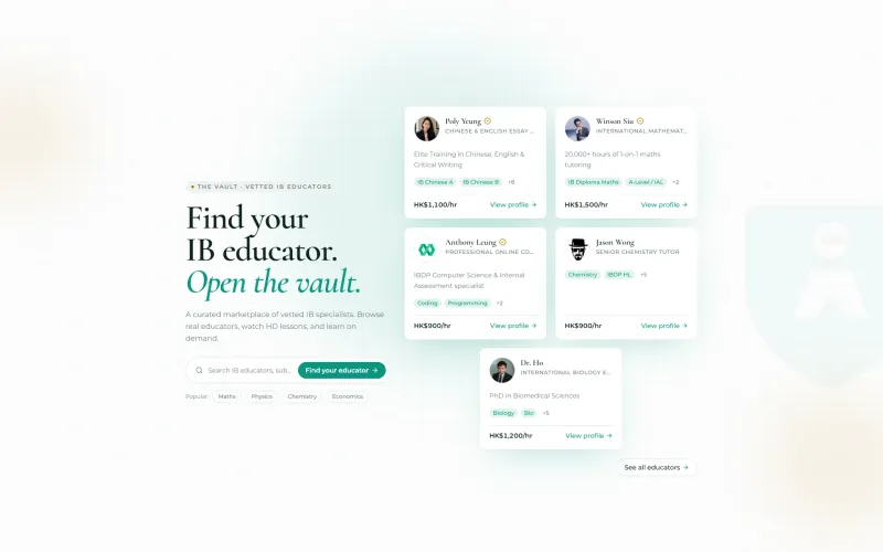The VOETutor home page: the headline “Find your IB educator. Open the vault.”, a search box and cards for vetted IB tutors with their subjects and hourly rates.
